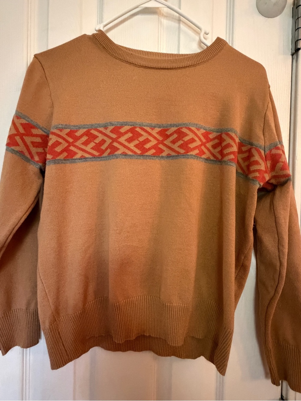 Fendi Tan light Crewneck Sweater with Red Geometric Stripe - Picture 2 of 9